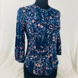 Lucky Brand Top Women’s Small Blue Floral Boho Button Front 3/4 Sleeve Shirt